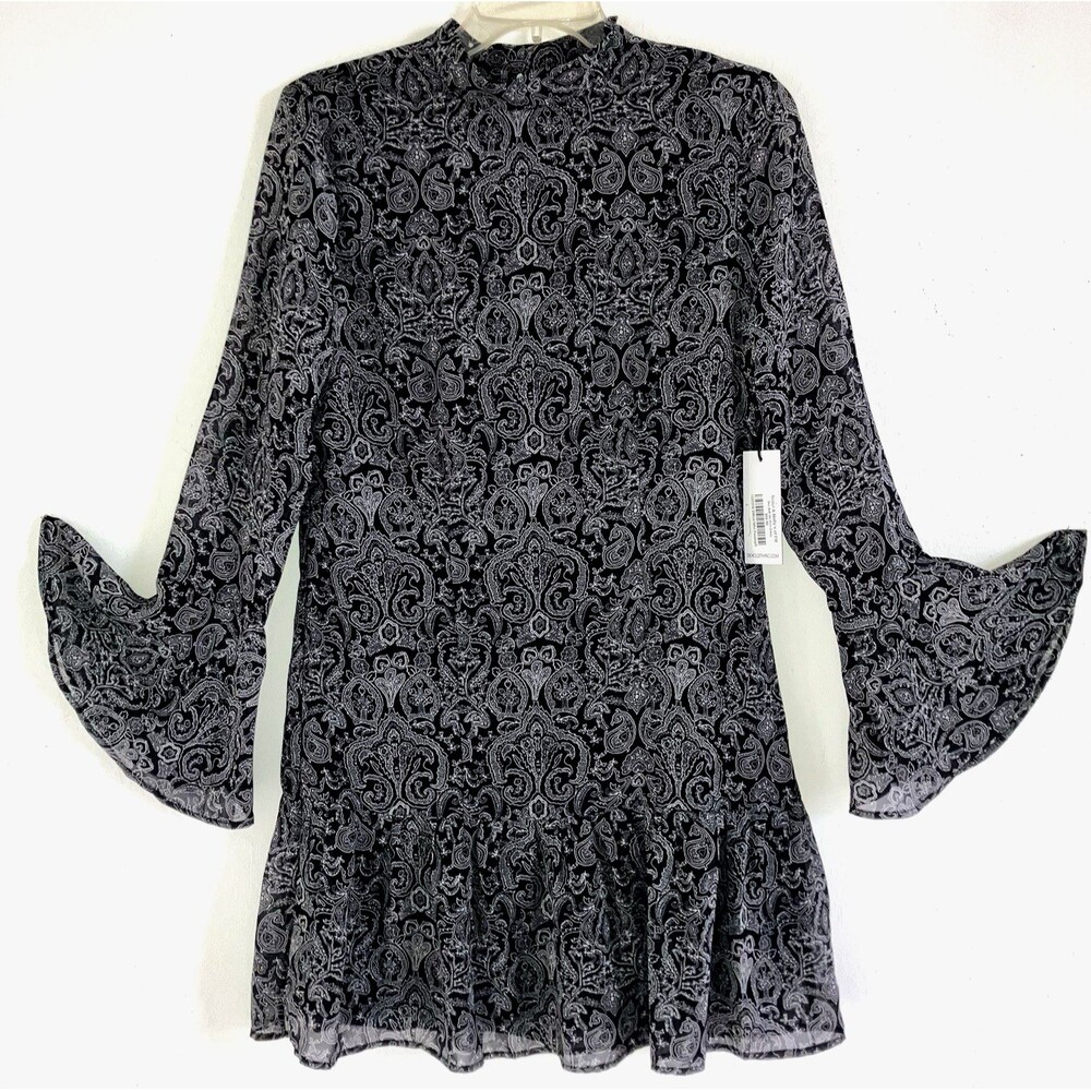 DAX sz S Black & White Chiffon Long Bell Cuff Sleeve Knee Dress Lined Flowy LBD